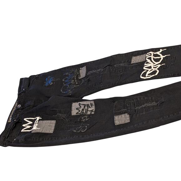 Rutherford Skinny Fit Jeans Mens 34 Distressed Graffiti Patches Streetwear Bold - Picture 8 of 12
